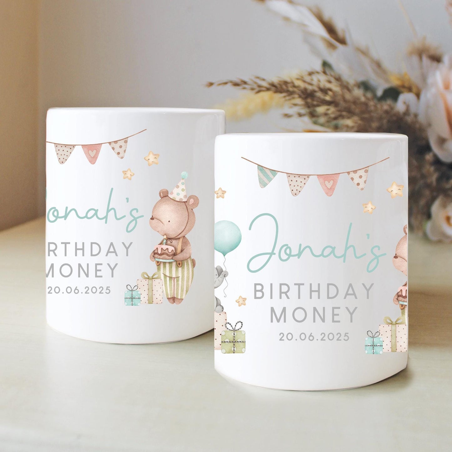 Personalised Birthday Money Box, Nursery Animals Decor, Teddy & Elephant Theme, New Baby Gift, First Birthday, Birthday Gift, Keepsake Gift
