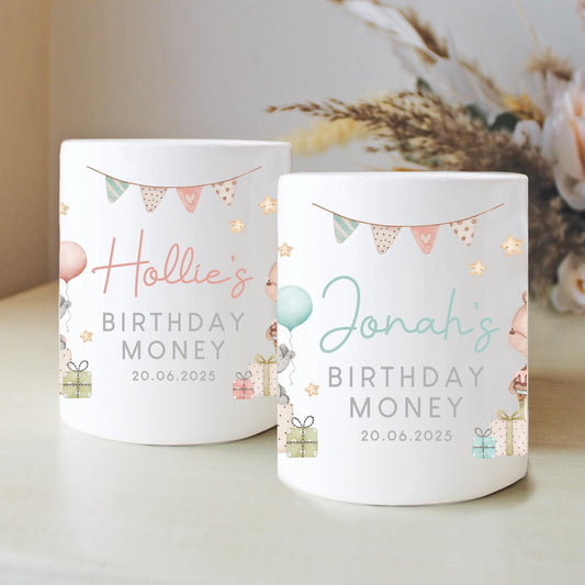 Personalised Birthday Money Box, Nursery Animals Decor, Teddy & Elephant Theme, New Baby Gift, First Birthday, Birthday Gift, Keepsake Gift