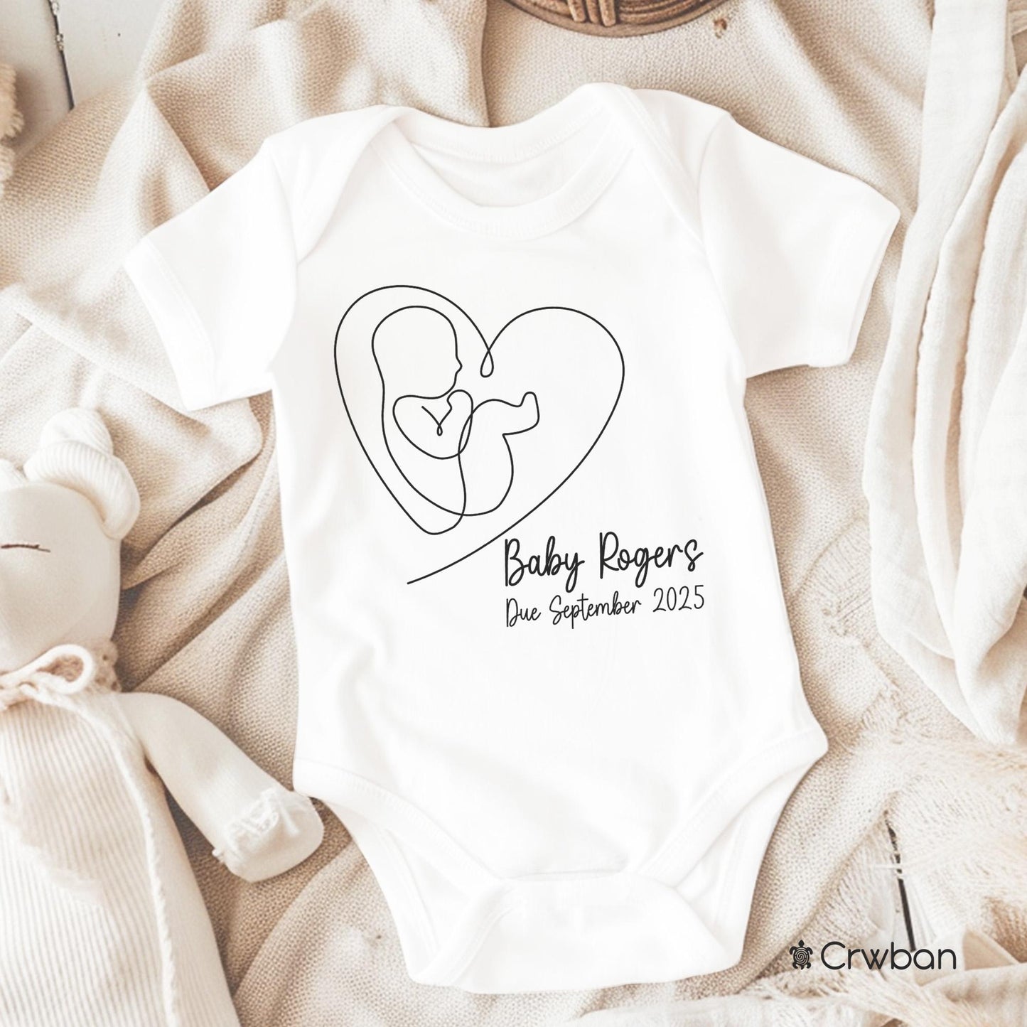 Personalised Baby Heart with Surname, Pregnancy Announcement, Unisex White Babygrow Gift, Baby Shower