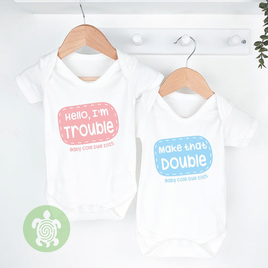 Double Trouble Personalised Twins Announcement, Little Bodysuit with Personalised Surname and Due Date, Matching Set Gift, Newborn Gift
