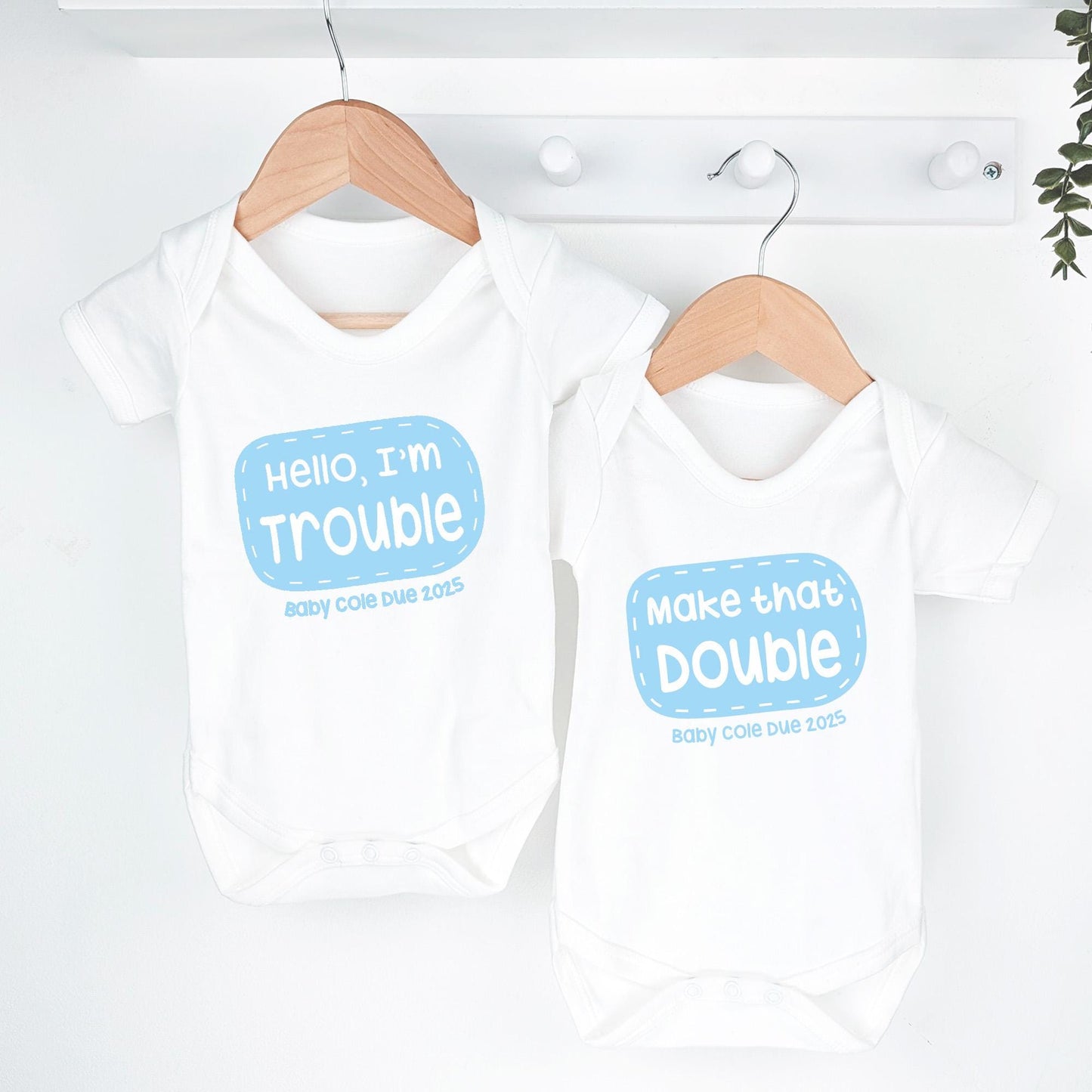 Double Trouble Personalised Twins Announcement, Little Bodysuit with Personalised Surname and Due Date, Matching Set Gift, Newborn Gift