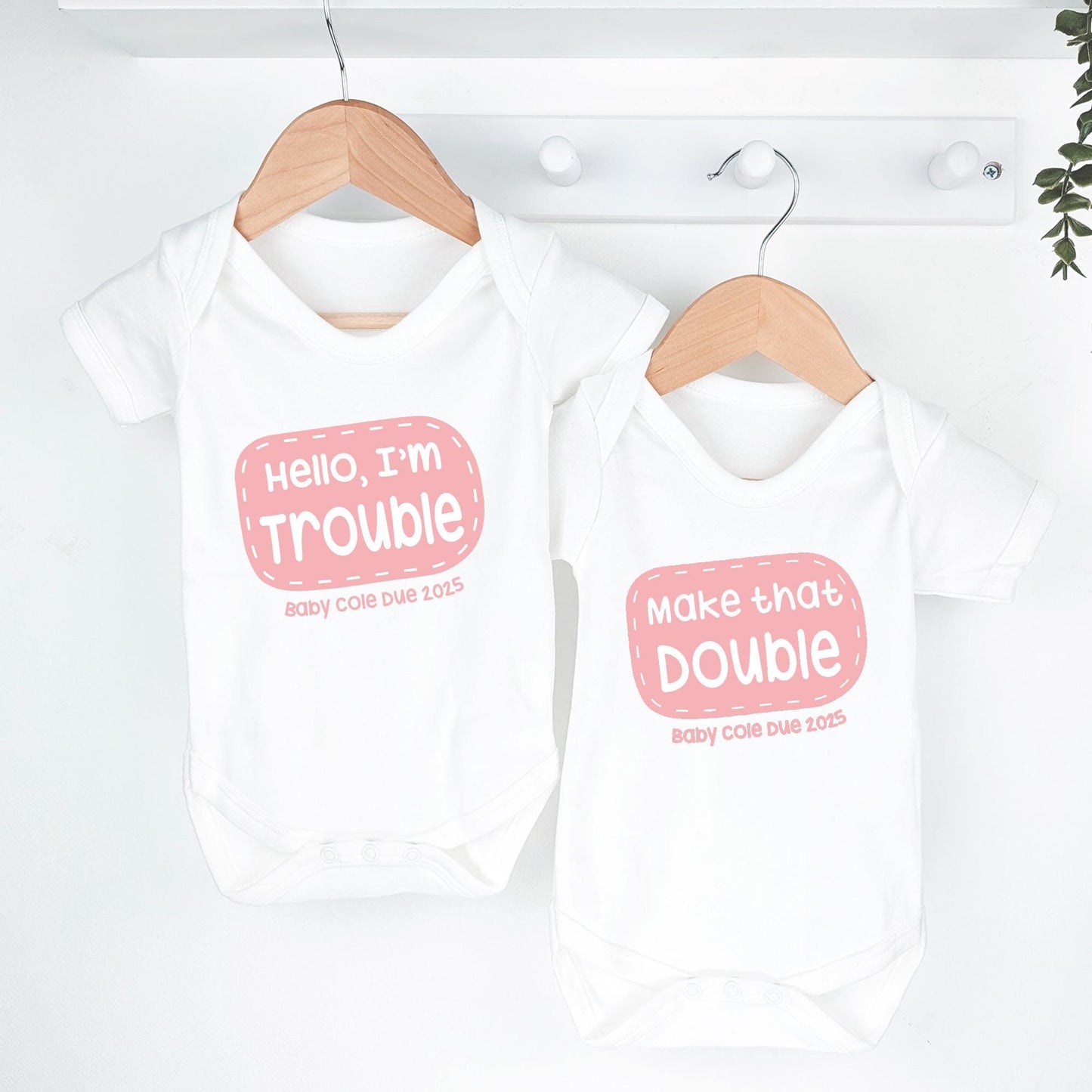 Double Trouble Personalised Twins Announcement, Little Bodysuit with Personalised Surname and Due Date, Matching Set Gift, Newborn Gift