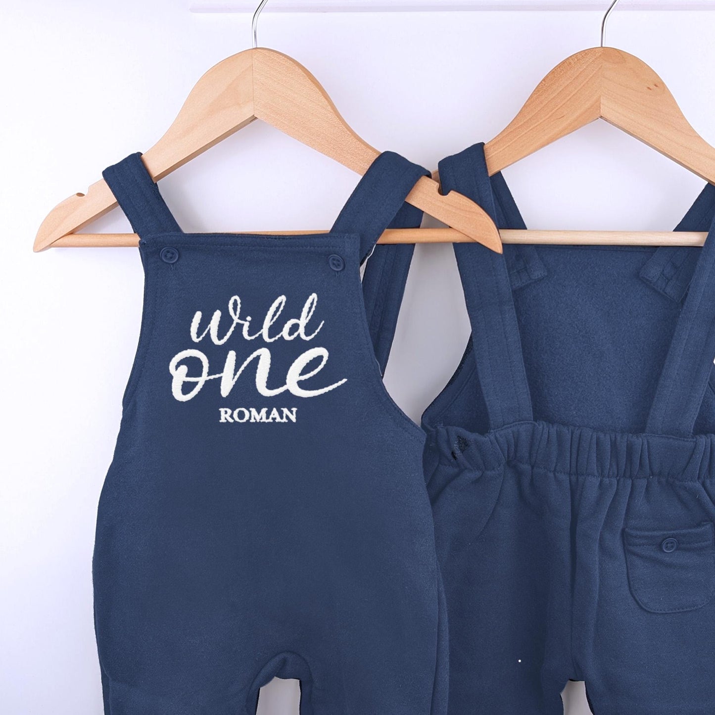 Wild One Personalised Embroidered Birthday Navy Fleece Dungarees, 1st Party Outfit with Print, Childs Clothing, Birthday Outfit
