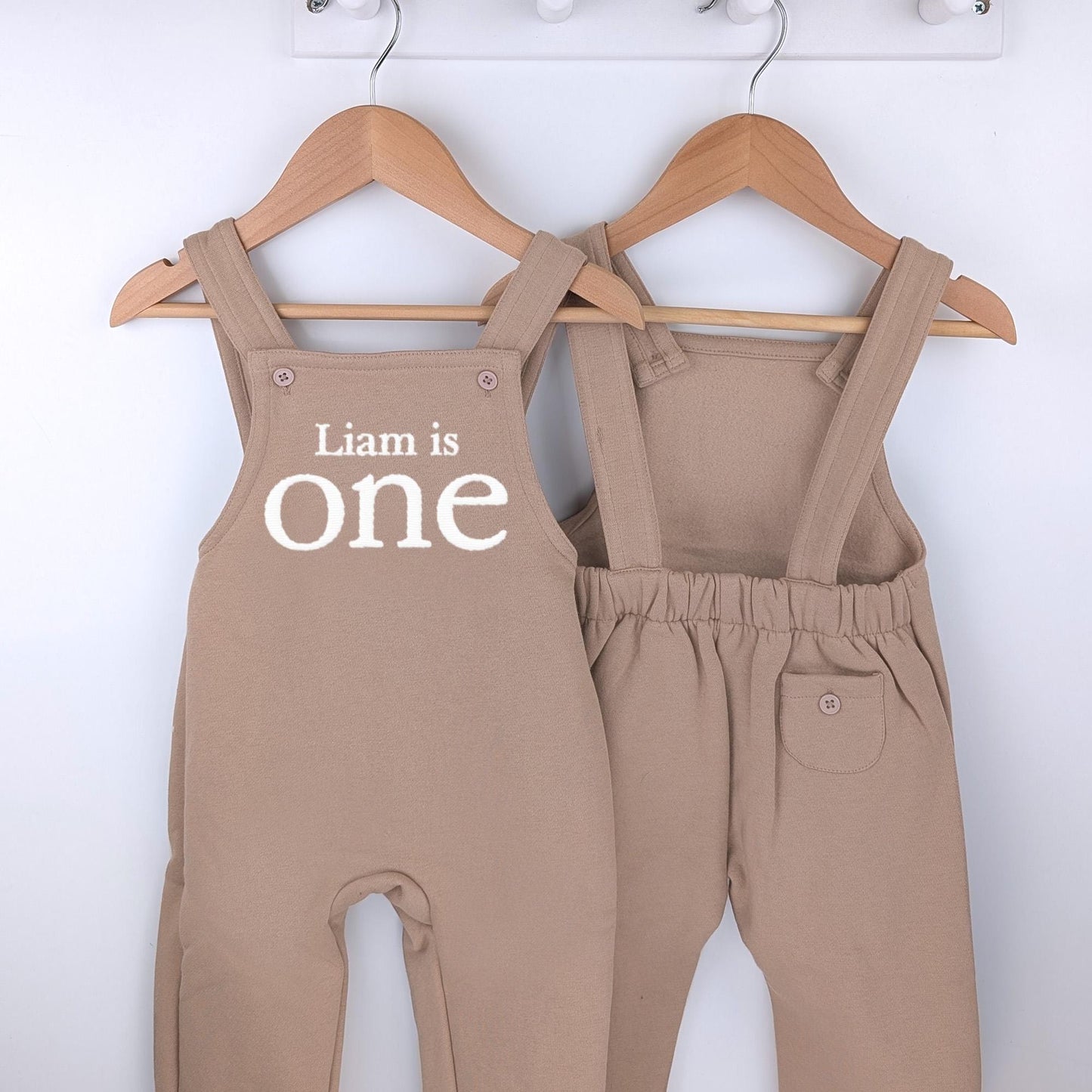 Any Age Personalised Embroidered Birthday Tan Fleece Dungarees Set,1st Party Outfit with Colour Print, Childs Clothing, Birthday Outfit
