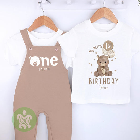 Personalised Beary 1st Birthday Embroidered Outfit Tanned or Oat Fleece Dungarees, 1st Party Outfit, Childs Clothing, Birthday Outfit