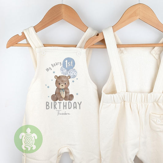 Personalised Blue My Beary 1st Birthday Oat Fleece Dungarees, First Party Outfit with Brown Print, Childs Clothing, Birthday Outfit, Bear