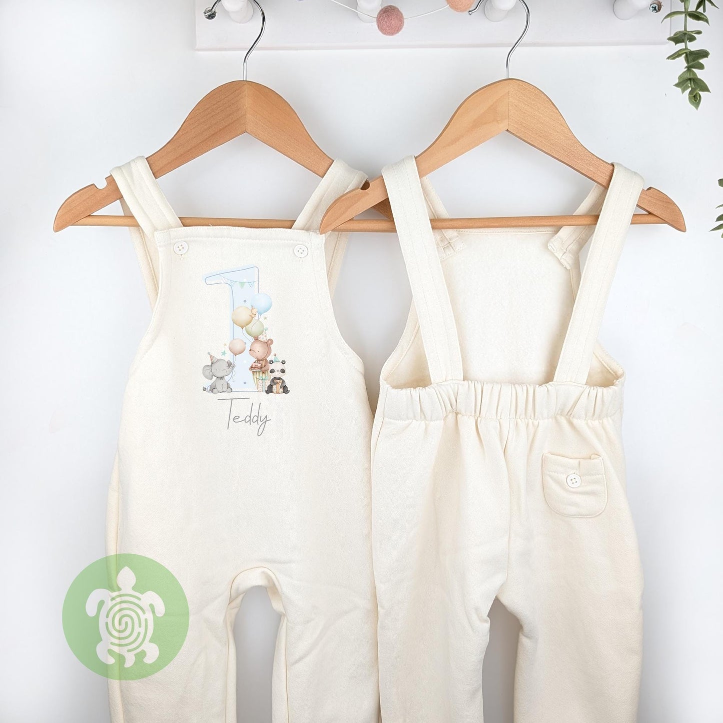 Teddy Party Personalised Birthday Oat Fleece Dungarees, 1st 2nd Party Outfit with Grey Print, Childs Clothing, Birthday Outfit