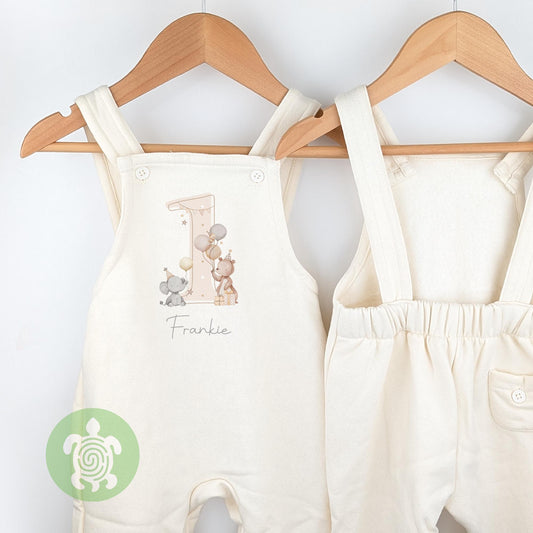 Teddy Party Personalised Birthday Oat Fleece Dungarees, 1st 2nd Party Outfit with Grey Print, Childs Clothing, Birthday Outfit