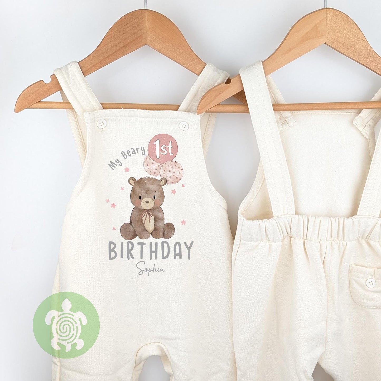 Personalised Pink My Beary 1st Birthday Oat Fleece Dungarees, First Party Outfit with Brown Print, Childs Clothing, Birthday Outfit, Bear