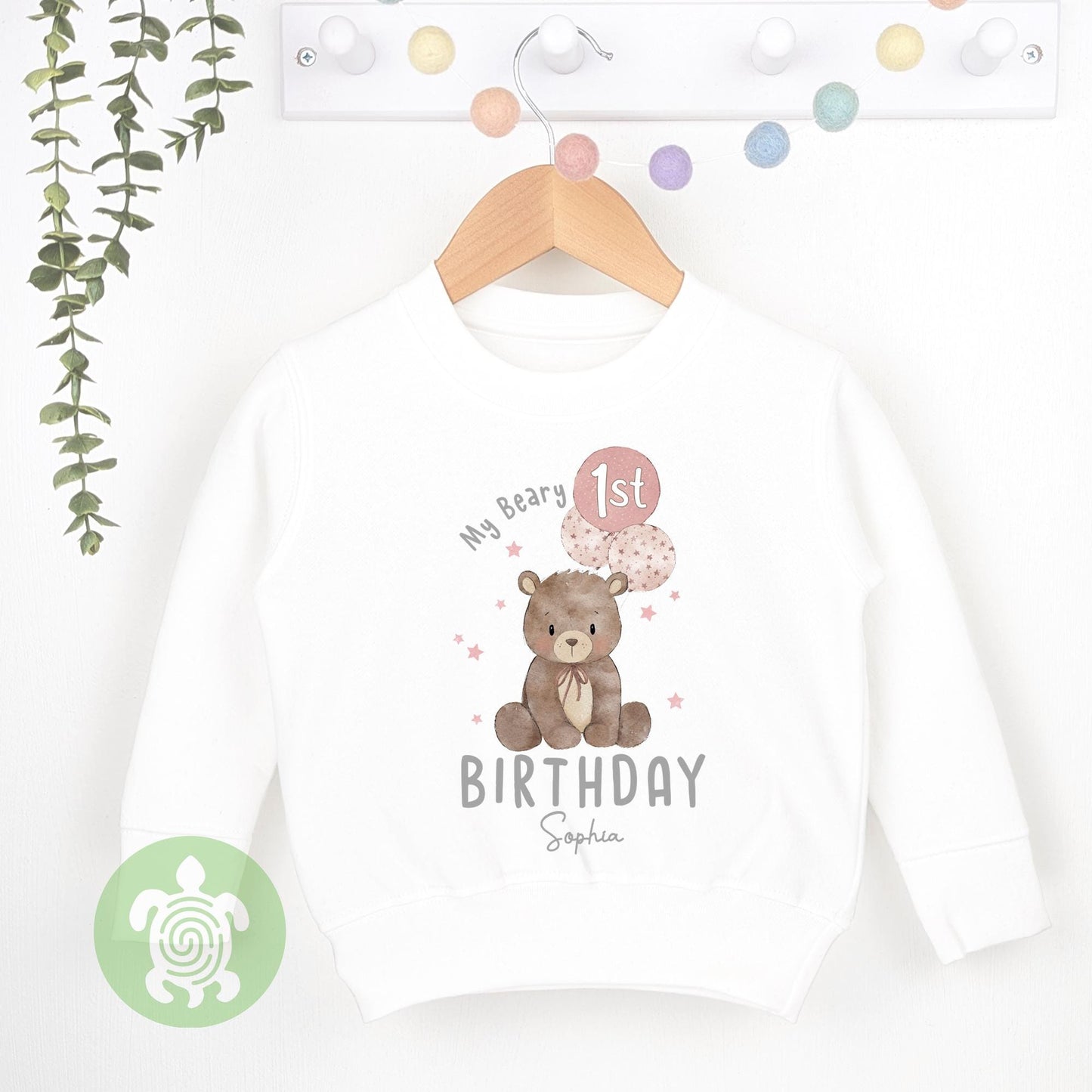 Personalised Pink Beary 1st Birthday Children's T-shirt, 1st Birthday Party Outfit, Childs Clothing, BabyVest, Printed Birthday Sweatshirt