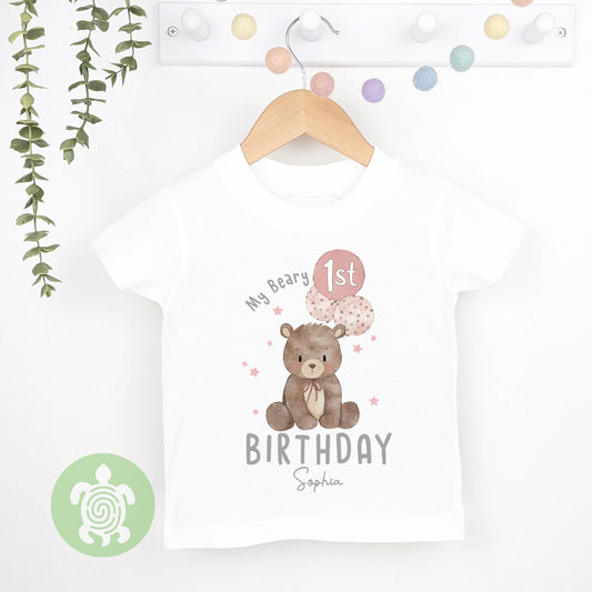 Personalised Pink Beary 1st Birthday Children's T-shirt, 1st Birthday Party Outfit, Childs Clothing, BabyVest, Printed Birthday Sweatshirt