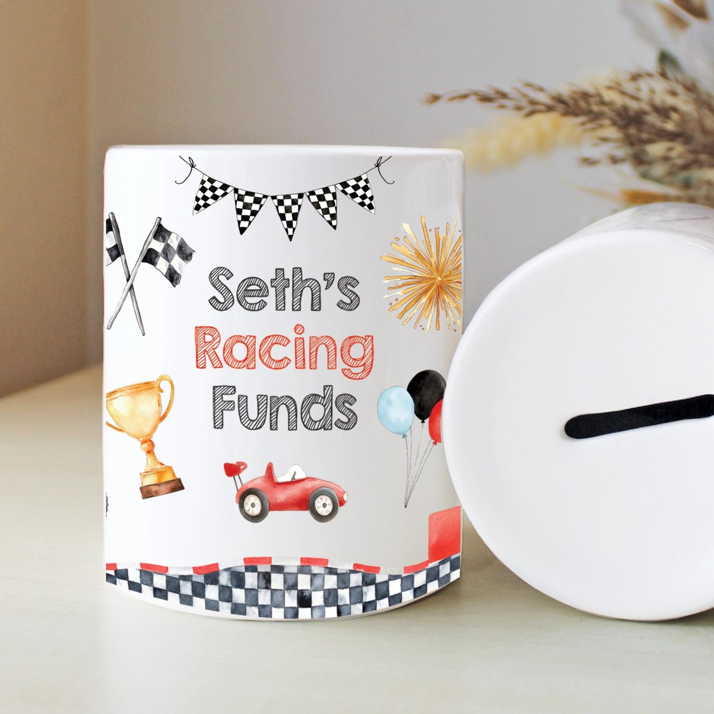 Personalised Name Birthday Racing Money Box, Nursery Decor, Car Racing Theme, New Baby Gift, First Birthday, Birthday Gift, Keepsake Gift