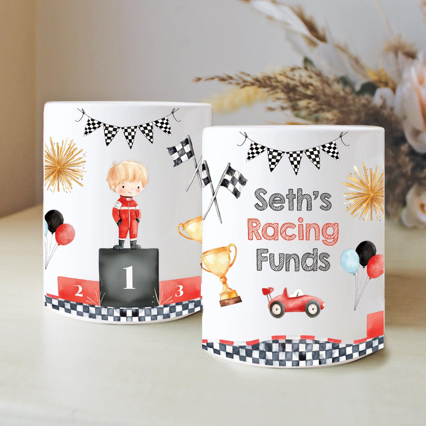 Personalised Name Birthday Racing Money Box, Nursery Decor, Car Racing Theme, New Baby Gift, First Birthday, Birthday Gift, Keepsake Gift