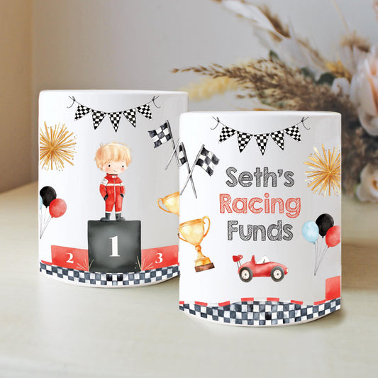 Personalised Name Birthday Racing Money Box, Nursery Decor, Car Racing Theme, New Baby Gift, First Birthday, Birthday Gift, Keepsake Gift