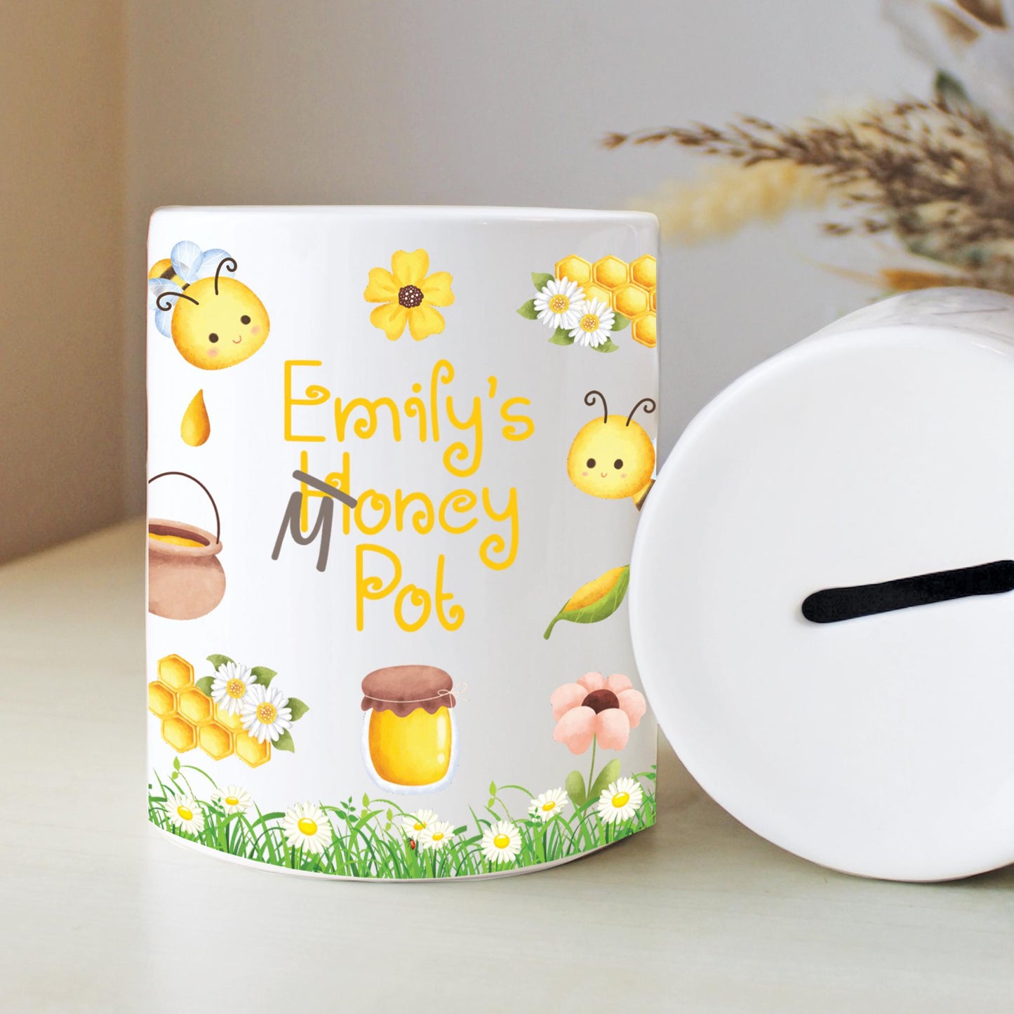 Personalised Name Birthday Honey Money Box, Nursery Decor, Bumble Bee Theme, New Baby Gift, First Birthday, Birthday Gift, Keepsake Gift