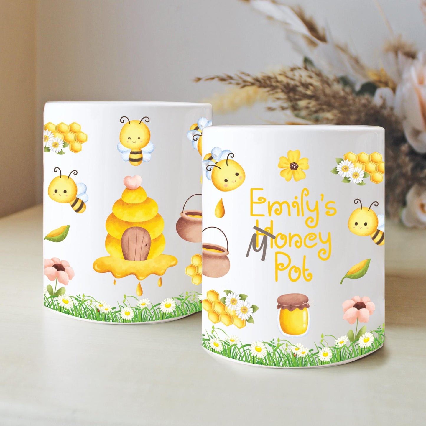 Personalised Name Birthday Honey Money Box, Nursery Decor, Bumble Bee Theme, New Baby Gift, First Birthday, Birthday Gift, Keepsake Gift