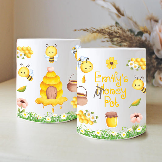 Personalised Name Birthday Honey Money Box, Nursery Decor, Bumble Bee Theme, New Baby Gift, First Birthday, Birthday Gift, Keepsake Gift