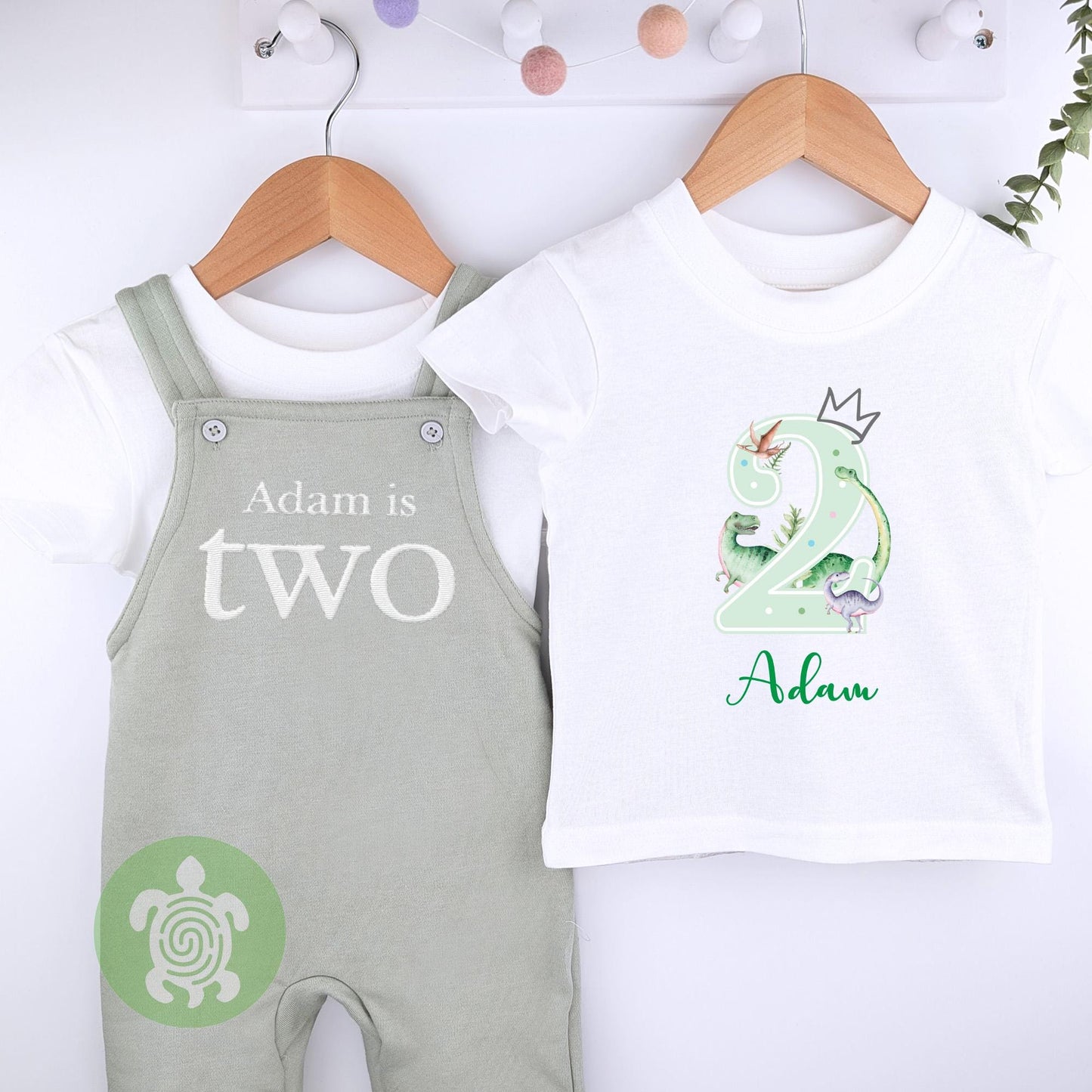 Any Age Personalised Embroidered Birthday Sage Fleece Dungarees Set, 1st Party Outfit with Colour Print, Childs Clothing, Birthday Outfit