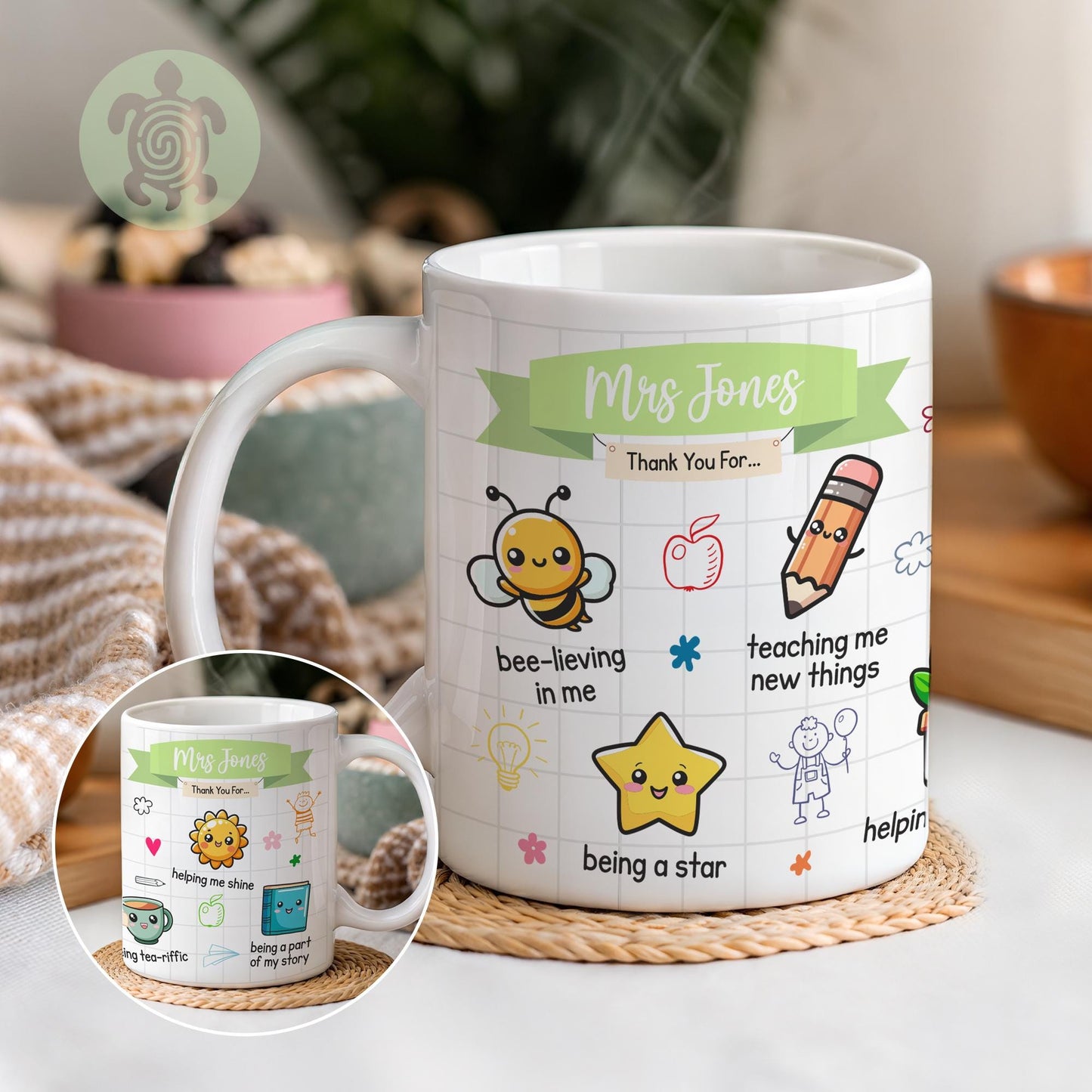 Personalised Teacher Thank You For.. Gift, Teacher Mug With Name, Teacher Appreciation Gift, End of Term Gift, Nursery Doodle Gift