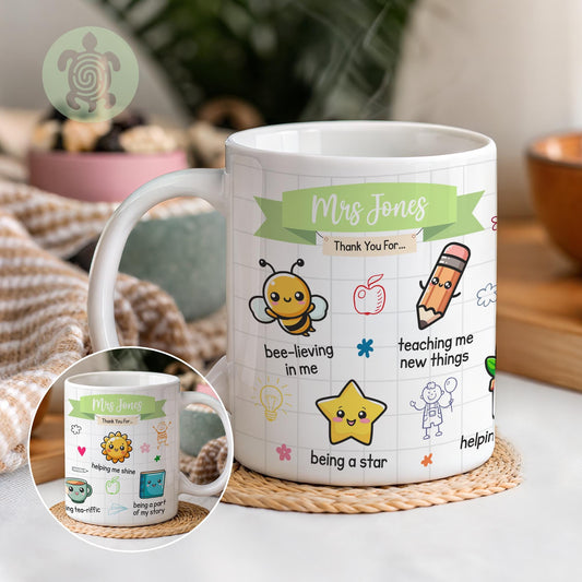 Personalised Teacher Thank You For.. Gift, Teacher Mug With Name, Teacher Appreciation Gift, End of Term Gift, Nursery Doodle Gift