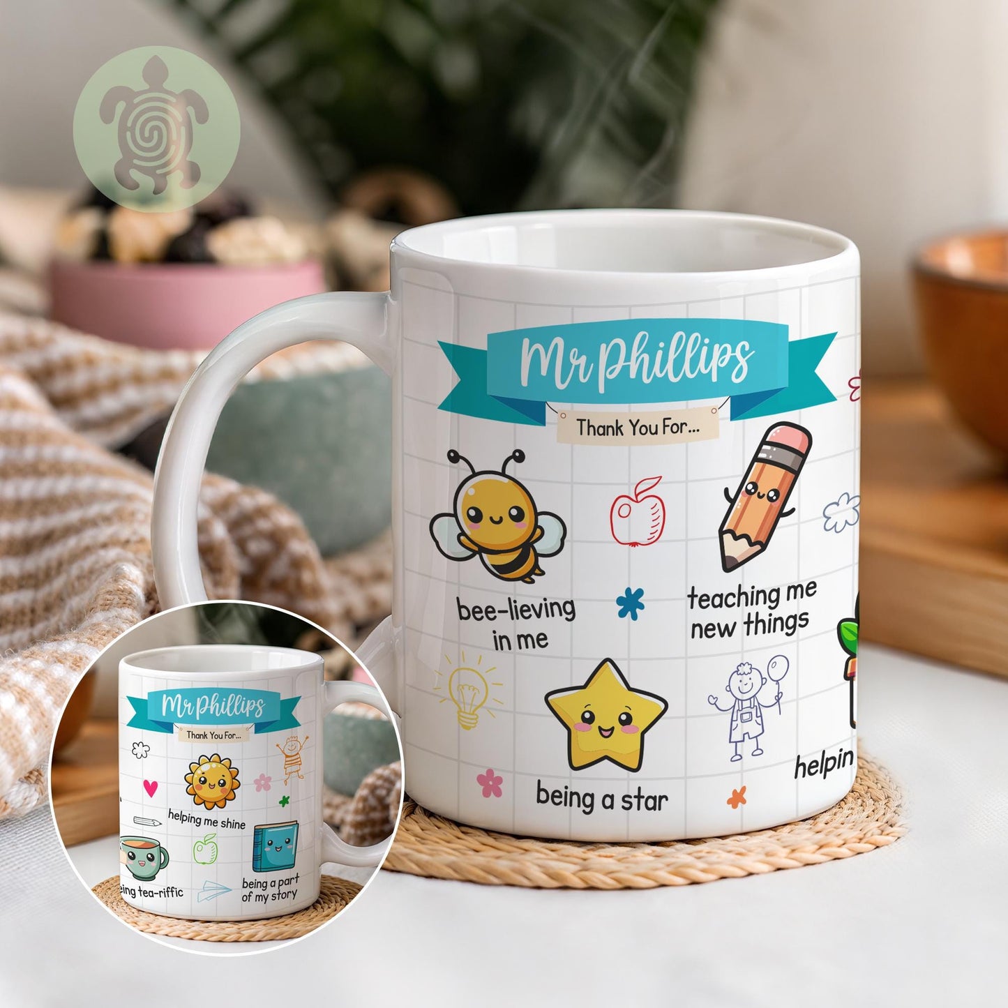 Personalised Teacher Thank You For.. Gift, Teacher Mug With Name, Teacher Appreciation Gift, End of Term Gift, Nursery Doodle Gift