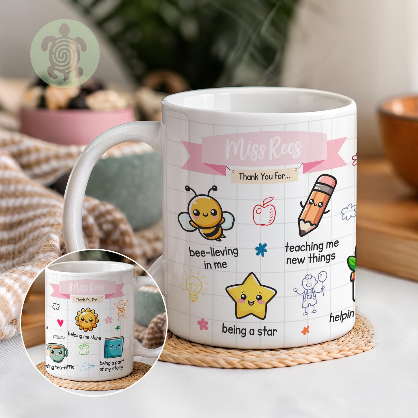 Personalised Teacher Thank You For.. Gift, Teacher Mug With Name, Teacher Appreciation Gift, End of Term Gift, Nursery Doodle Gift