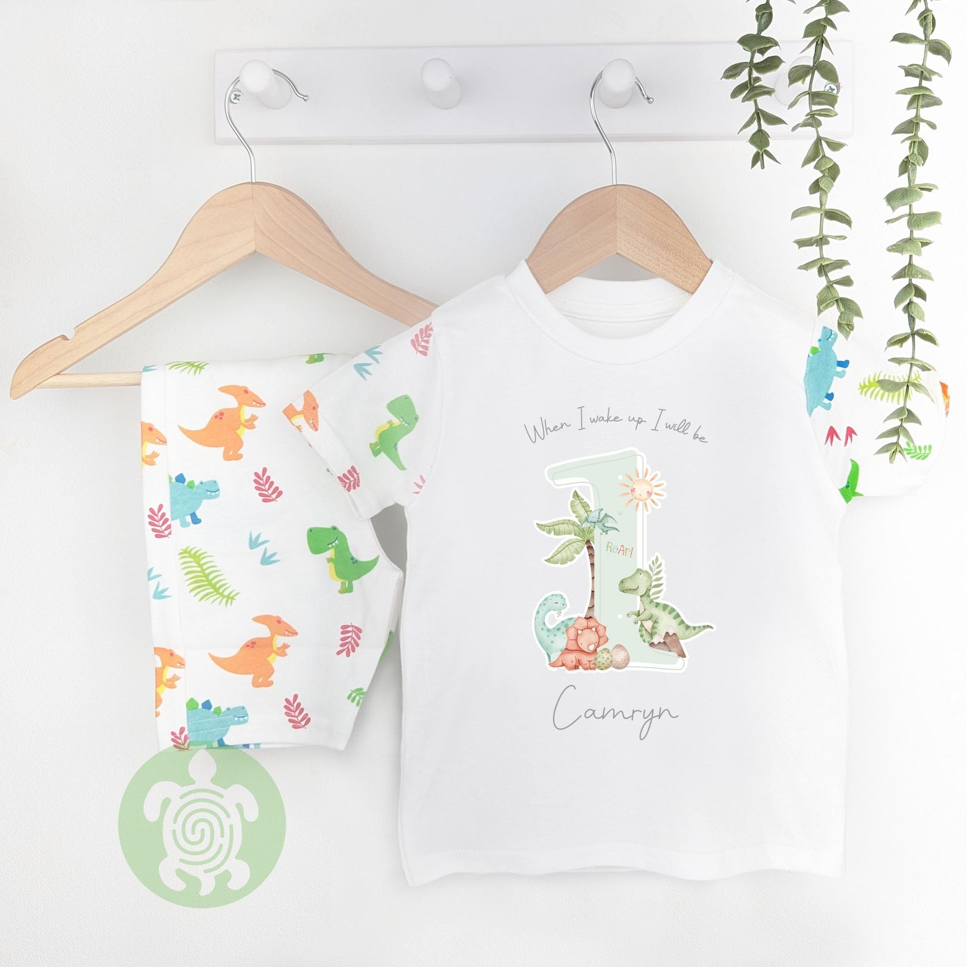 Four Dinosaur Short Sleeve T-Shirt & Shorts Personalised Kids Outfit, Birthday Set, Custom Name Cotton Clothing Set, Tight-fitting style