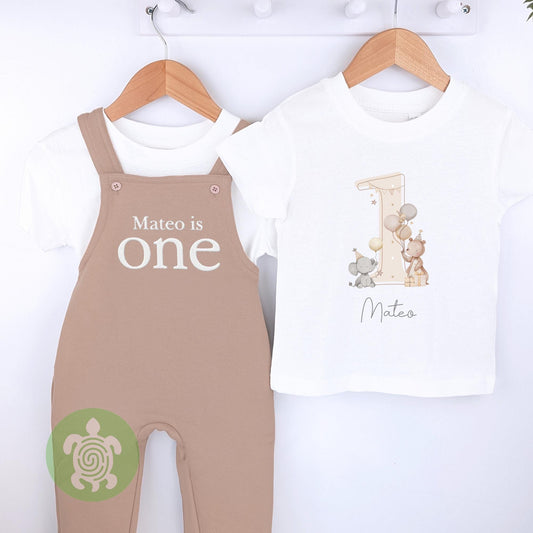 Any Age Personalised Embroidered Birthday Tan Fleece Dungarees Set,1st Party Outfit with Colour Print, Childs Clothing, Birthday Outfit