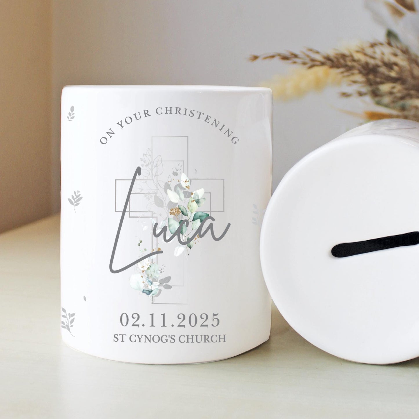Personalised Green or Pink Leaves Christening Money Box, Personalised Money Box, Christening Gifts, Baby Keepsake, Baby Money Box