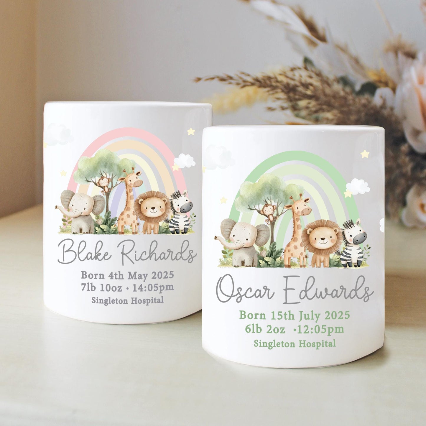 Personalised Safari Newborn Money Box, Christening Keepsake, Jungle Safari, New Baby Gift, First Birthday, Rainbow Gift, Keepsake Gift
