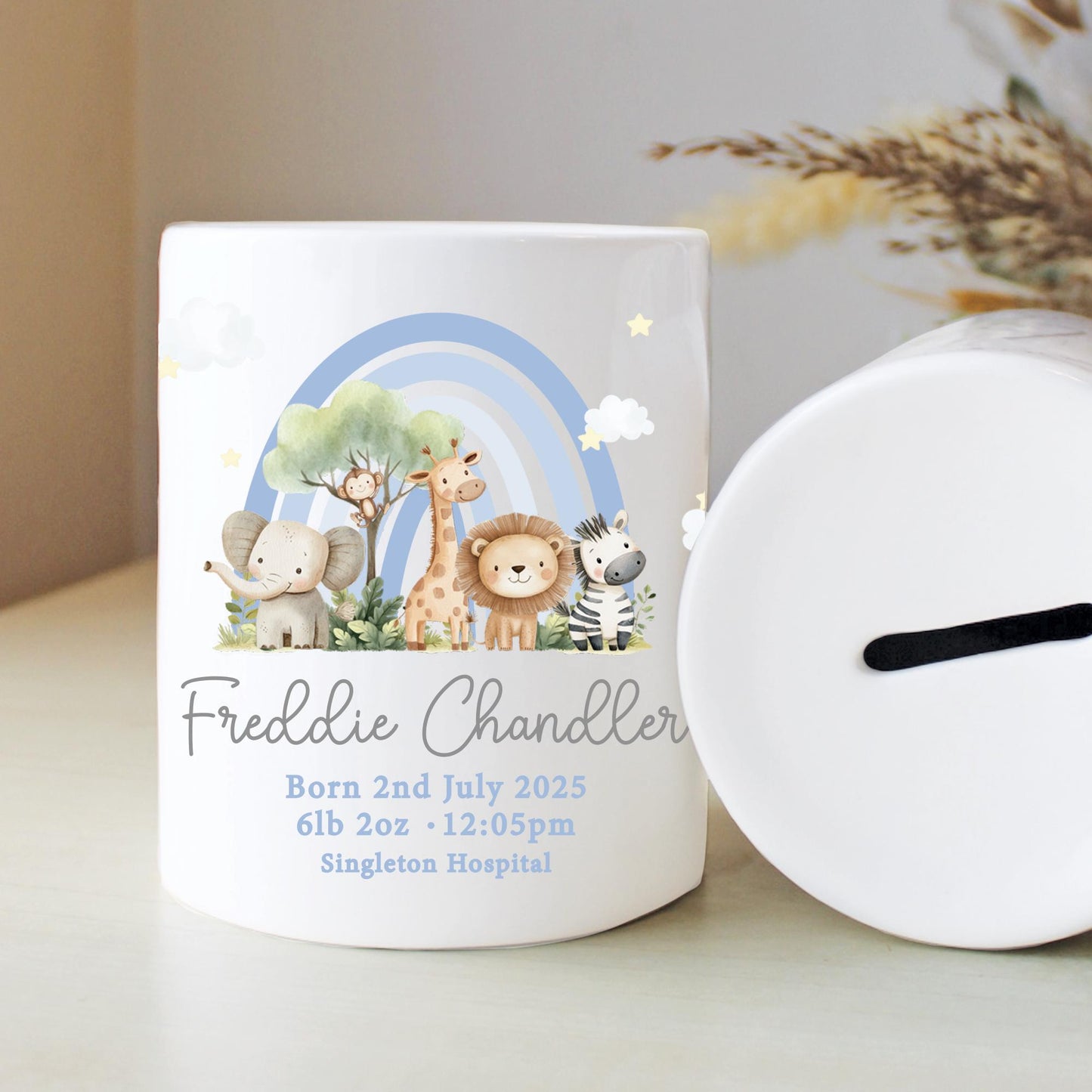 Personalised Safari Newborn Money Box, Christening Keepsake, Jungle Safari, New Baby Gift, First Birthday, Rainbow Gift, Keepsake Gift