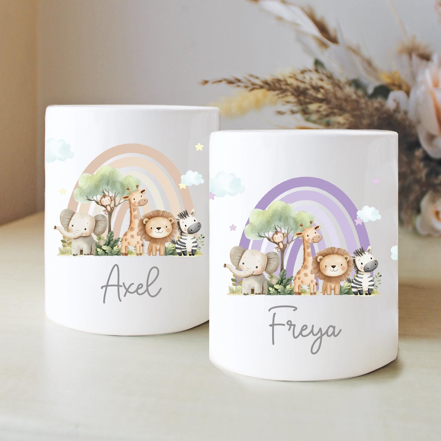 Personalised Name with Safari Rainbow Money Box, Nursery Decor, Jungle Safari, New Baby Gift, First Birthday, Rainbow Gift, Keepsake Gift