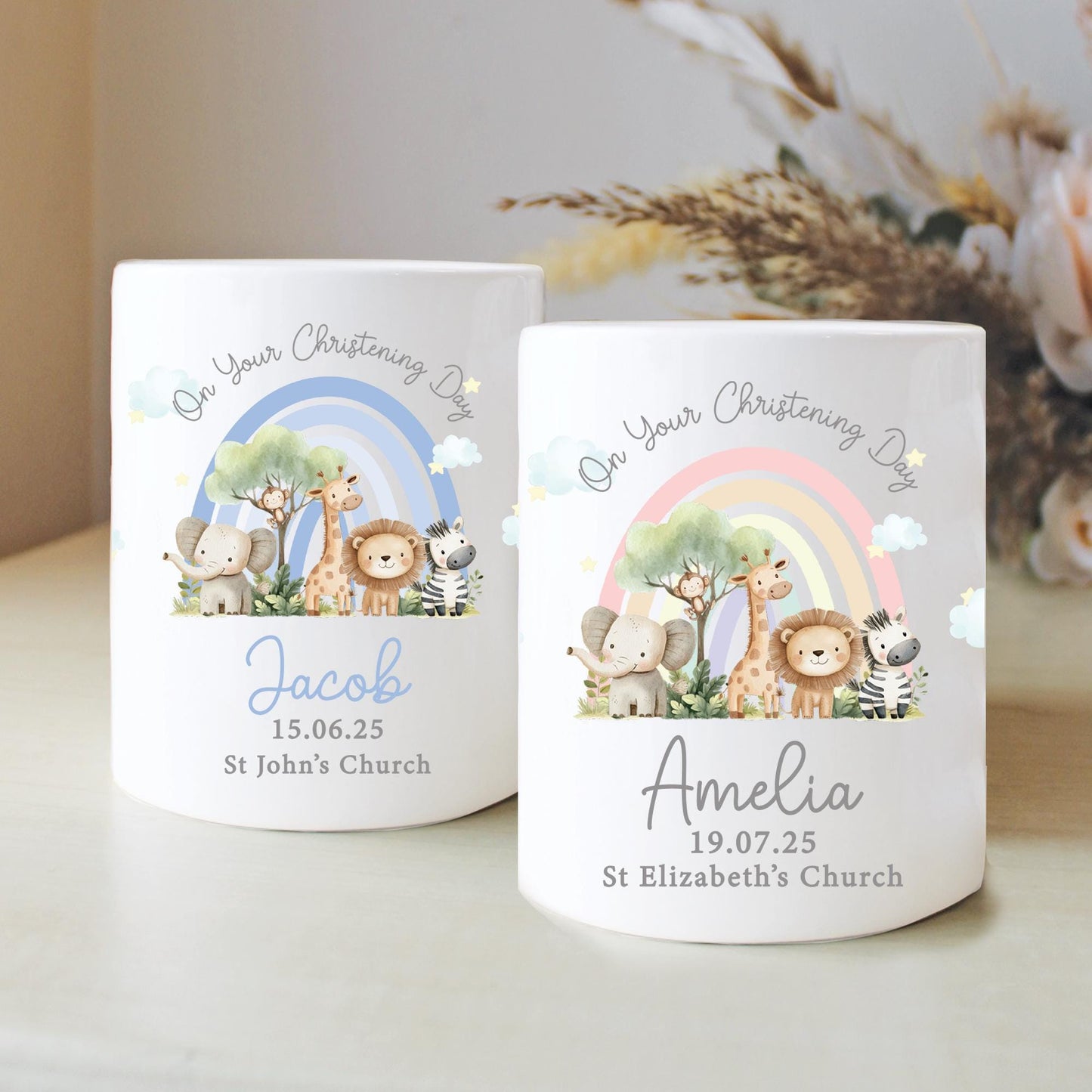 Personalised Safari Rainbow Christening Money Box, Personalised Money Box, Christening Gifts, Baby Keepsake, Baby Money Box, Piggy Bank