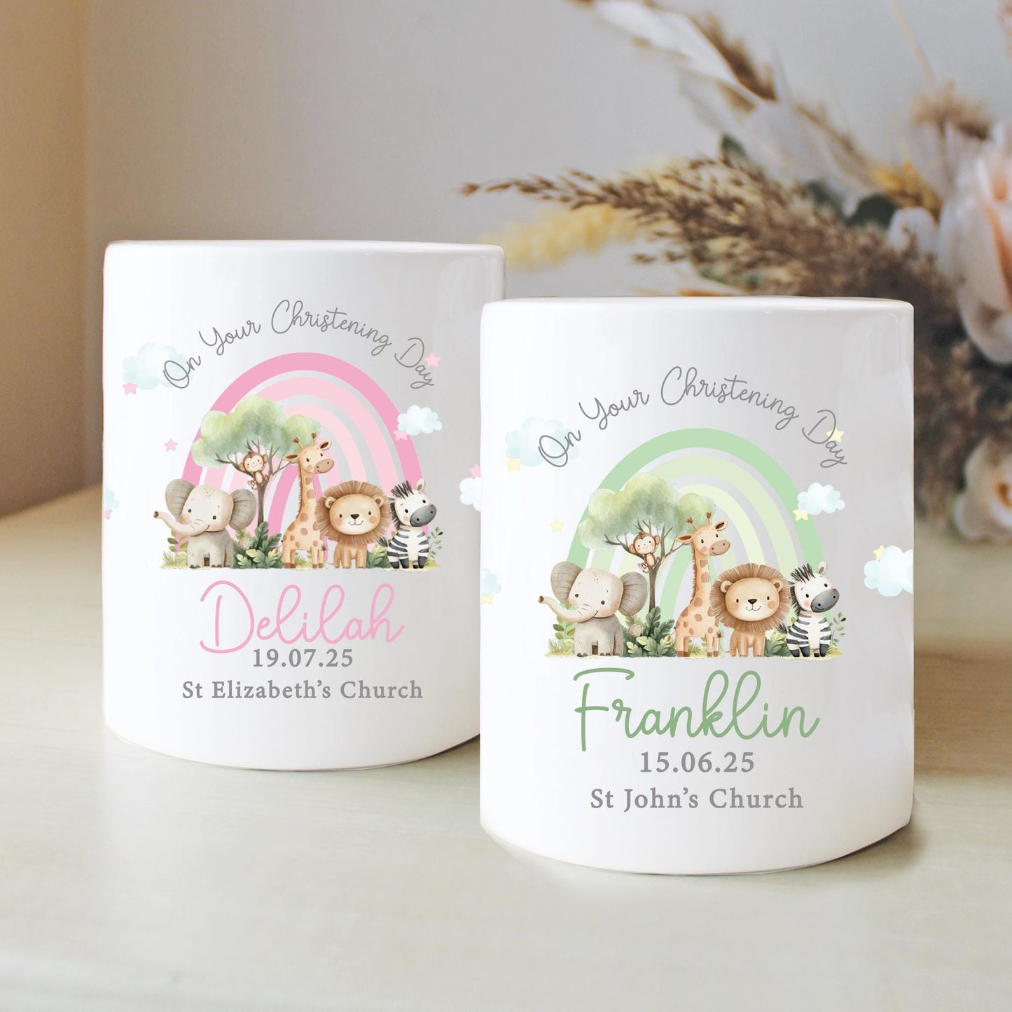 Personalised Safari Rainbow Christening Money Box, Personalised Money Box, Christening Gifts, Baby Keepsake, Baby Money Box, Piggy Bank