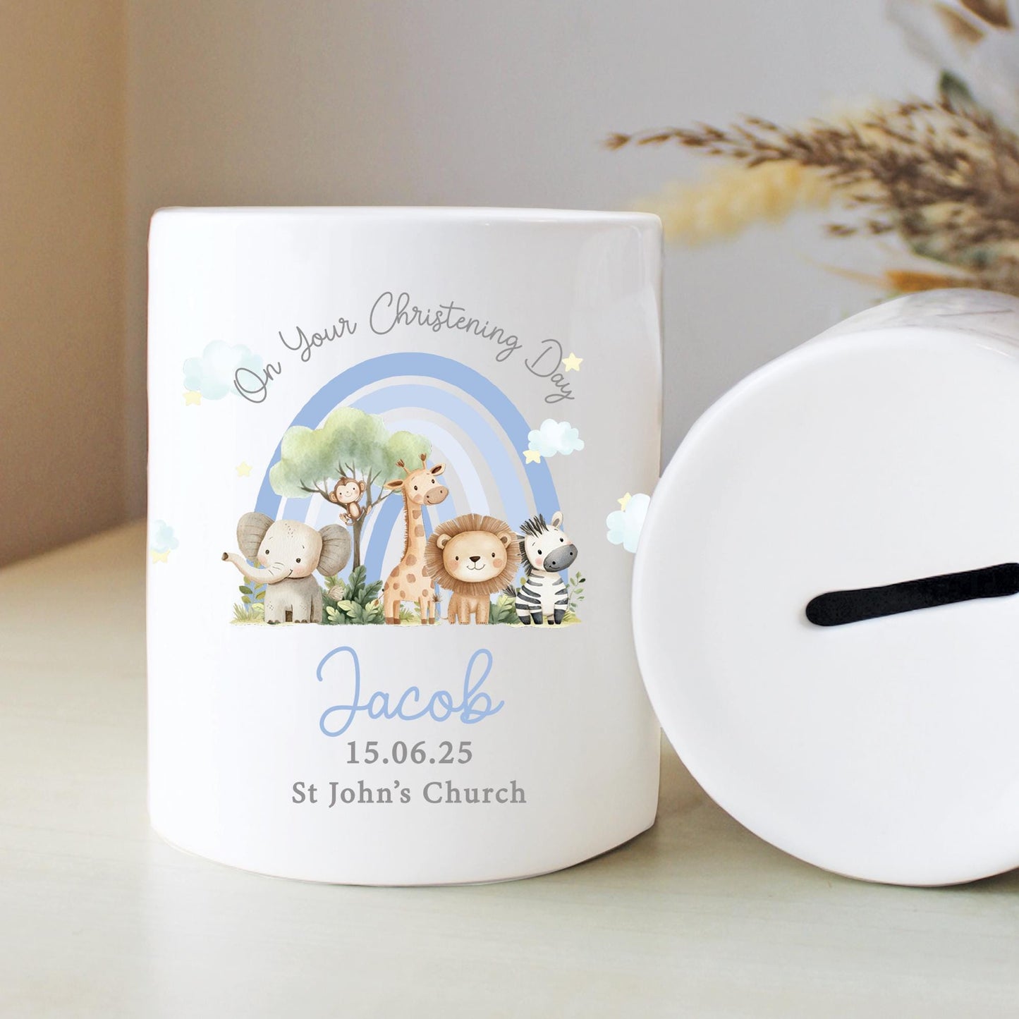 Personalised Safari Rainbow Christening Money Box, Personalised Money Box, Christening Gifts, Baby Keepsake, Baby Money Box, Piggy Bank
