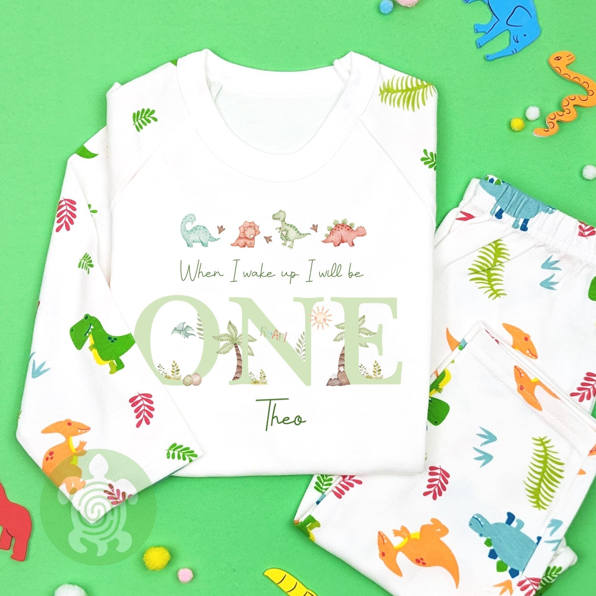 Four Green Dinosaurs When I Wake Any Age Personalised Kids Outfit, Birthday Morning Set, Custom Name Cotton Clothing Set Tight-fitting style