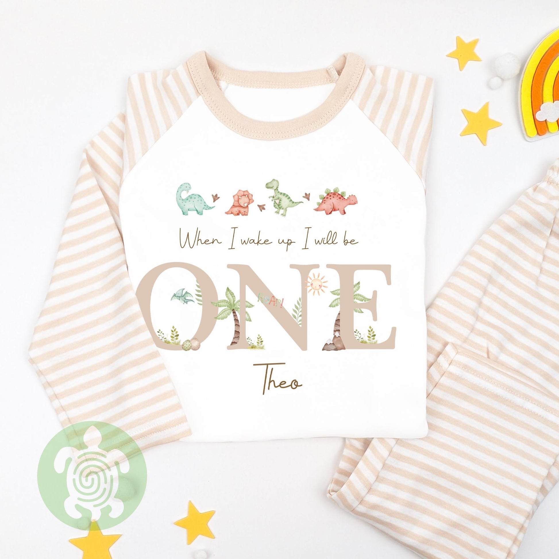 Beige Four Dinos Personalised Kids Outfit, Birthday Morning Set, Custom Name Cotton Clothing Set for Boys, Tight-fitting style