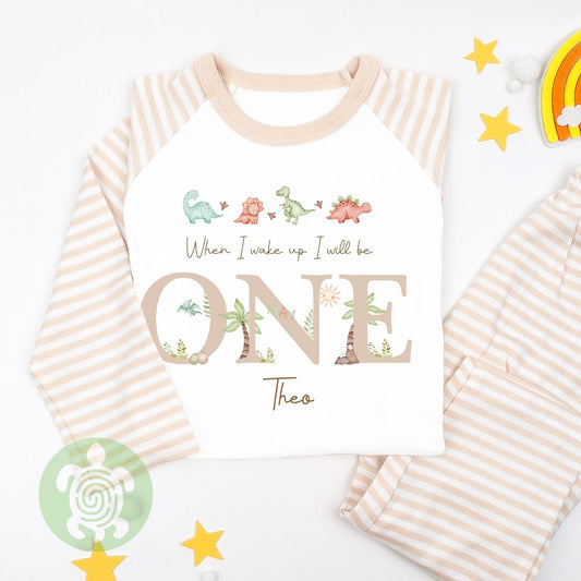Beige Four Dinos Personalised Kids Outfit, Birthday Morning Set, Custom Name Cotton Clothing Set for Boys, Tight-fitting style