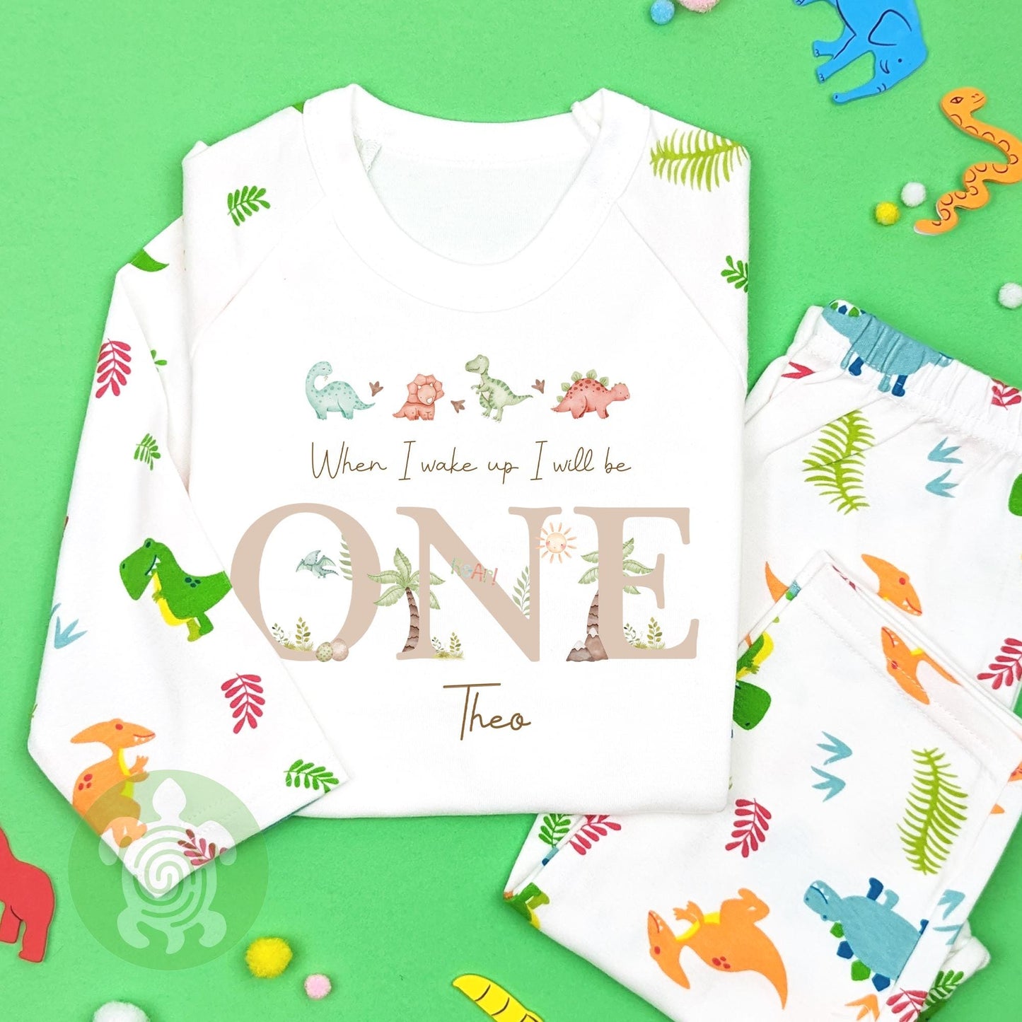 Beige Four Dinos Personalised Kids Outfit, Birthday Morning Set, Custom Name Cotton Clothing Set for Boys, Tight-fitting style