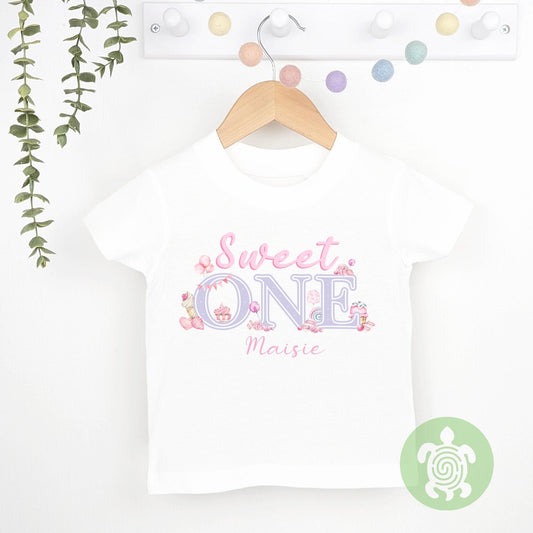 Sweet One Theme 1st Birthday Party T-shirt Top, Personalised First Birthday design with Baby Pink Print Children's Tee, Sweet Girl