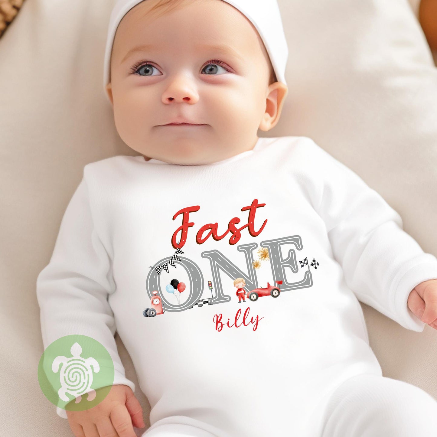 Fast One Theme Race Car 1st Birthday Party T-shirt Top, Personalised First Birthday design with Red Print Children's Tee, Birthday Boy, 1st