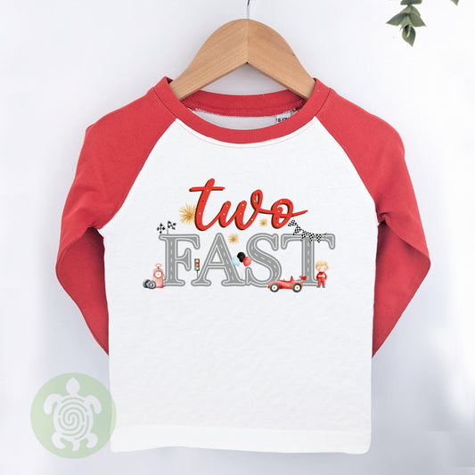 Two Fast Theme Race Car 2nd Birthday Party T-shirt Top, Personalised Second Birthday design with Red Print Children's Tee, Birthday Boy, 2nd
