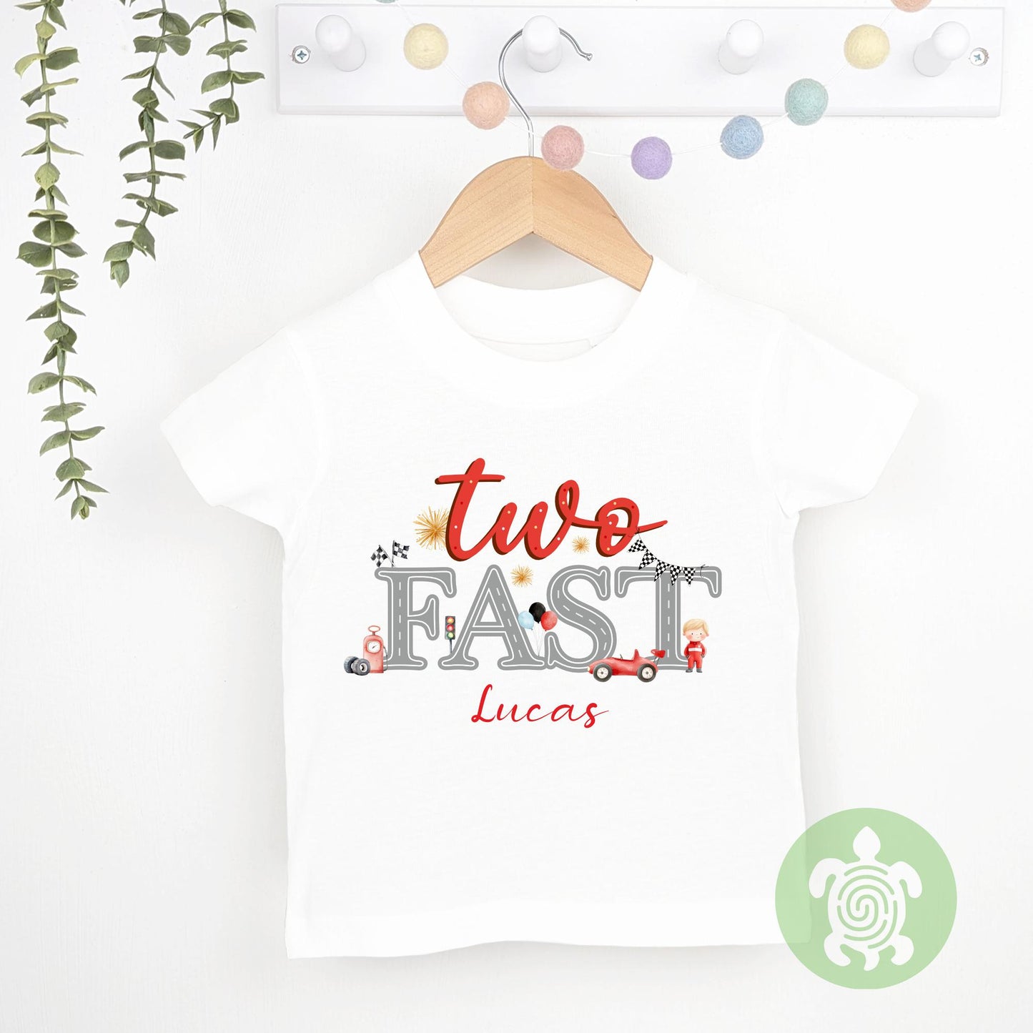 Two Fast Theme Race Car 2nd Birthday Party T-shirt Top, Personalised Second Birthday design with Red Print Children's Tee, Birthday Boy, 2nd
