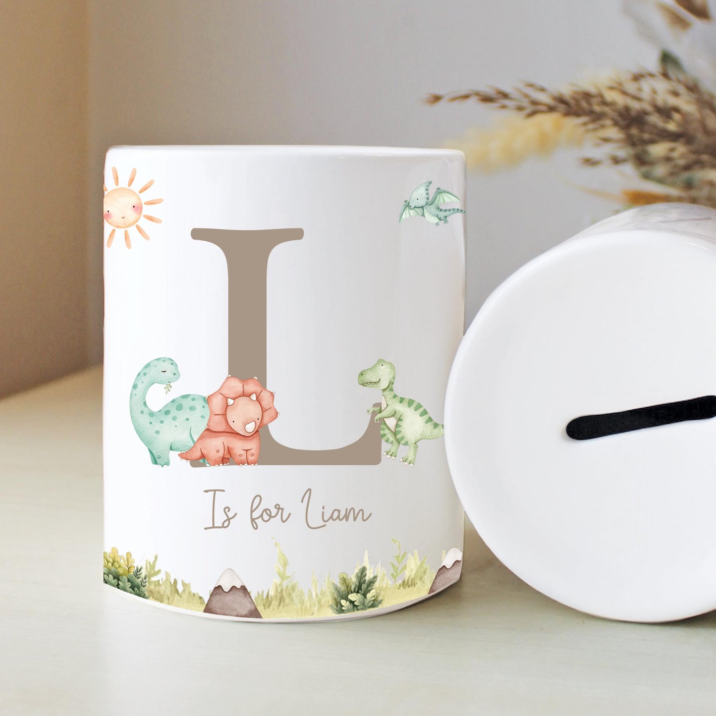 Personalised Name with Dinosaur Money Box, Nursery Decor, Dino Theme, New Baby Gift, First Birthday, Birthday Gift, Keepsake Gift