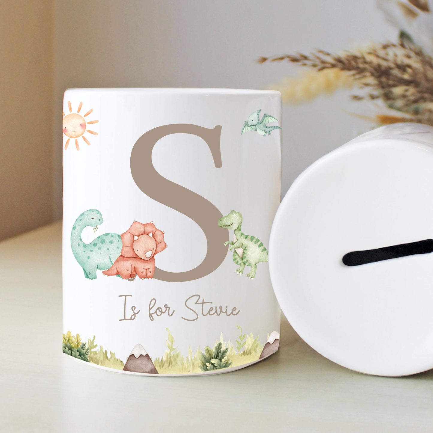 Personalised Name with Dinosaur Money Box, Nursery Decor, Dino Theme, New Baby Gift, First Birthday, Birthday Gift, Keepsake Gift