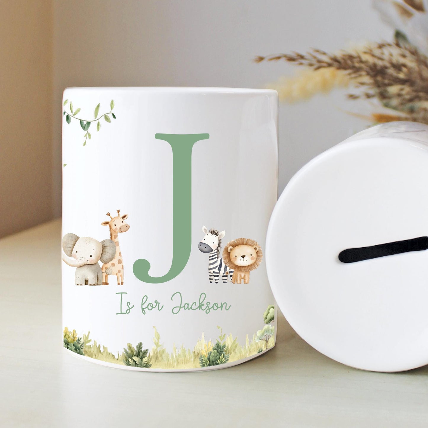 Personalised Name with Safari Money Box, Nursery Decor, Jungle Theme, New Baby Gift, First Birthday, Birthday Gift, Keepsake Gift
