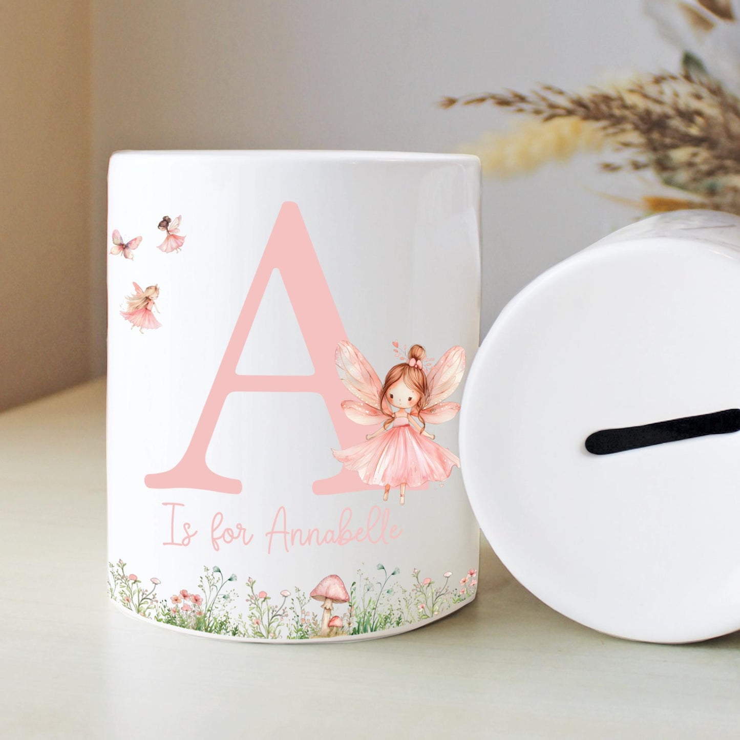 Personalised Name with Fairy Money Box, Nursery Decor, Princess Theme, New Baby Gift, First Birthday, Birthday Gift, Keepsake Gift