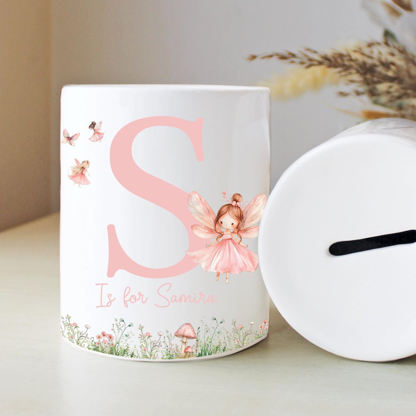 Personalised Name with Fairy Money Box, Nursery Decor, Princess Theme, New Baby Gift, First Birthday, Birthday Gift, Keepsake Gift