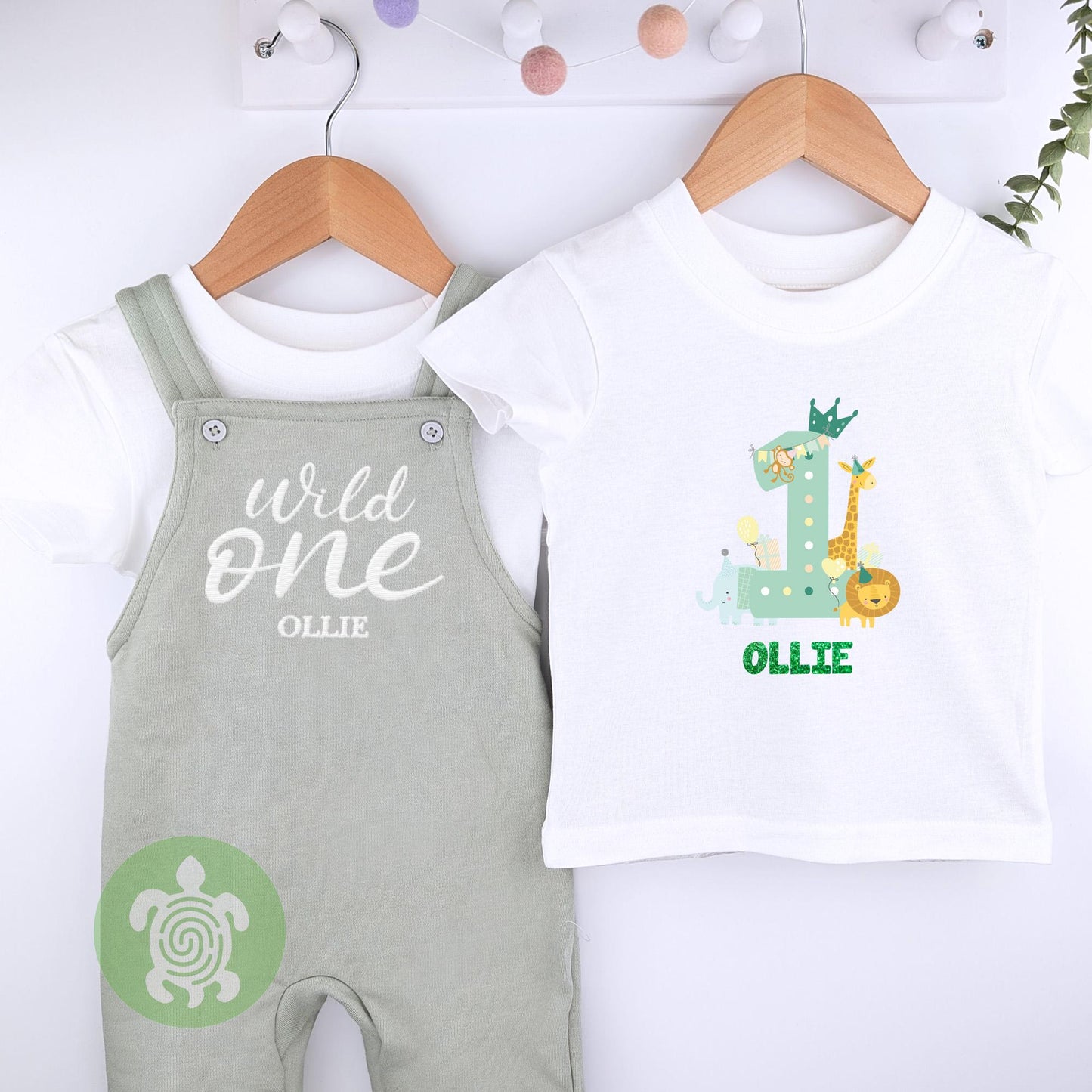 Wild One Personalised Embroidered Birthday Sage Fleece Dungarees, 1st Party Outfit with Grey Print, Childs Clothing, Birthday Outfit