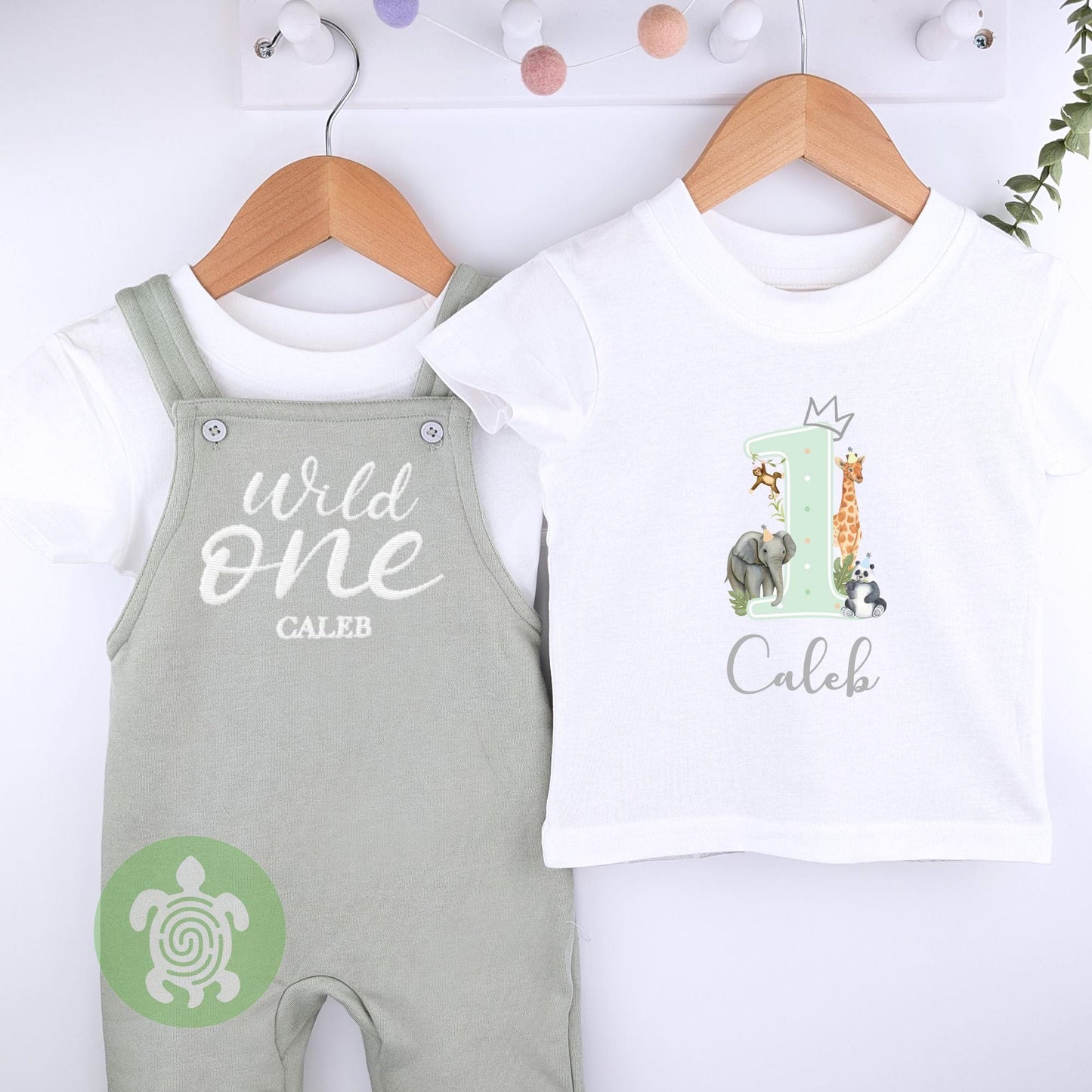 Wild One Personalised Embroidered Birthday Sage Fleece Dungarees, 1st Party Outfit with Grey Print, Childs Clothing, Birthday Outfit